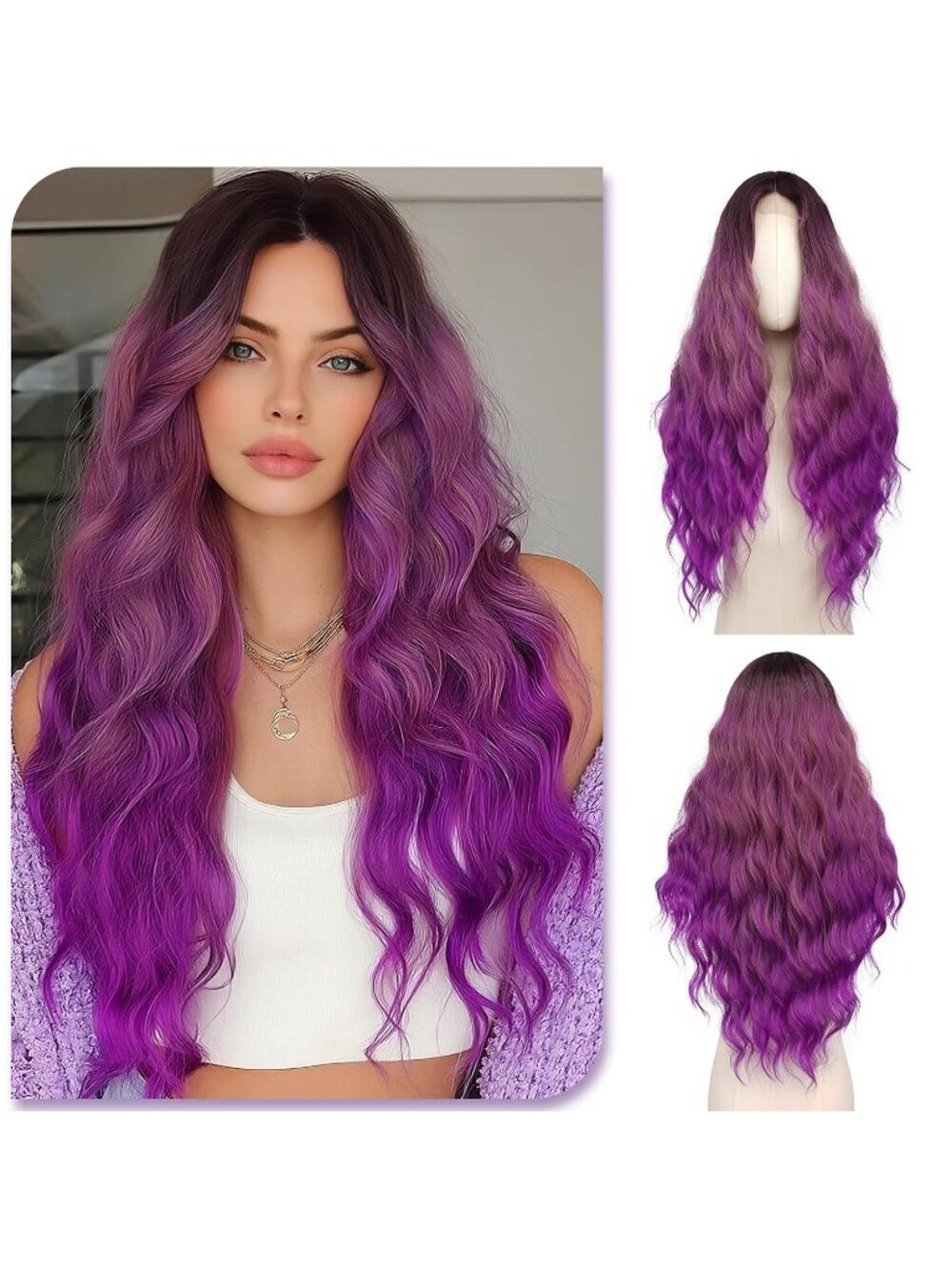 Women's Omber Dark Purple 28 Inch Lace Front Soft Synthetic Long Wavy Curly Wigs